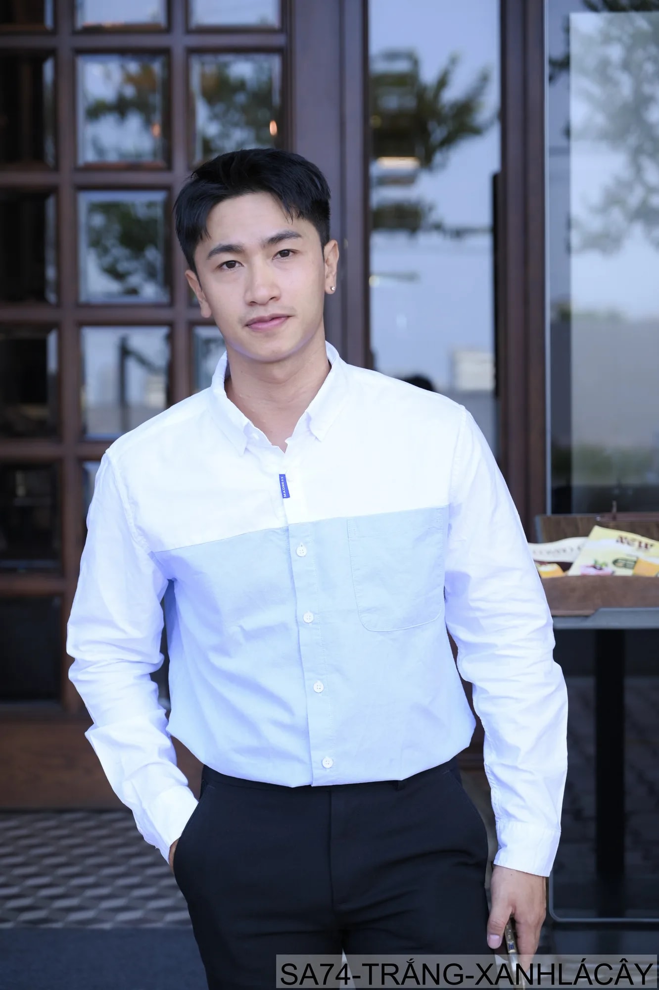 SA74 - Áo sơ mi nam dài tay Oxford kiểu Nhật, form rộng, chất cotton 100%, phối màu trắng xanh lá/xám - ảnh 6