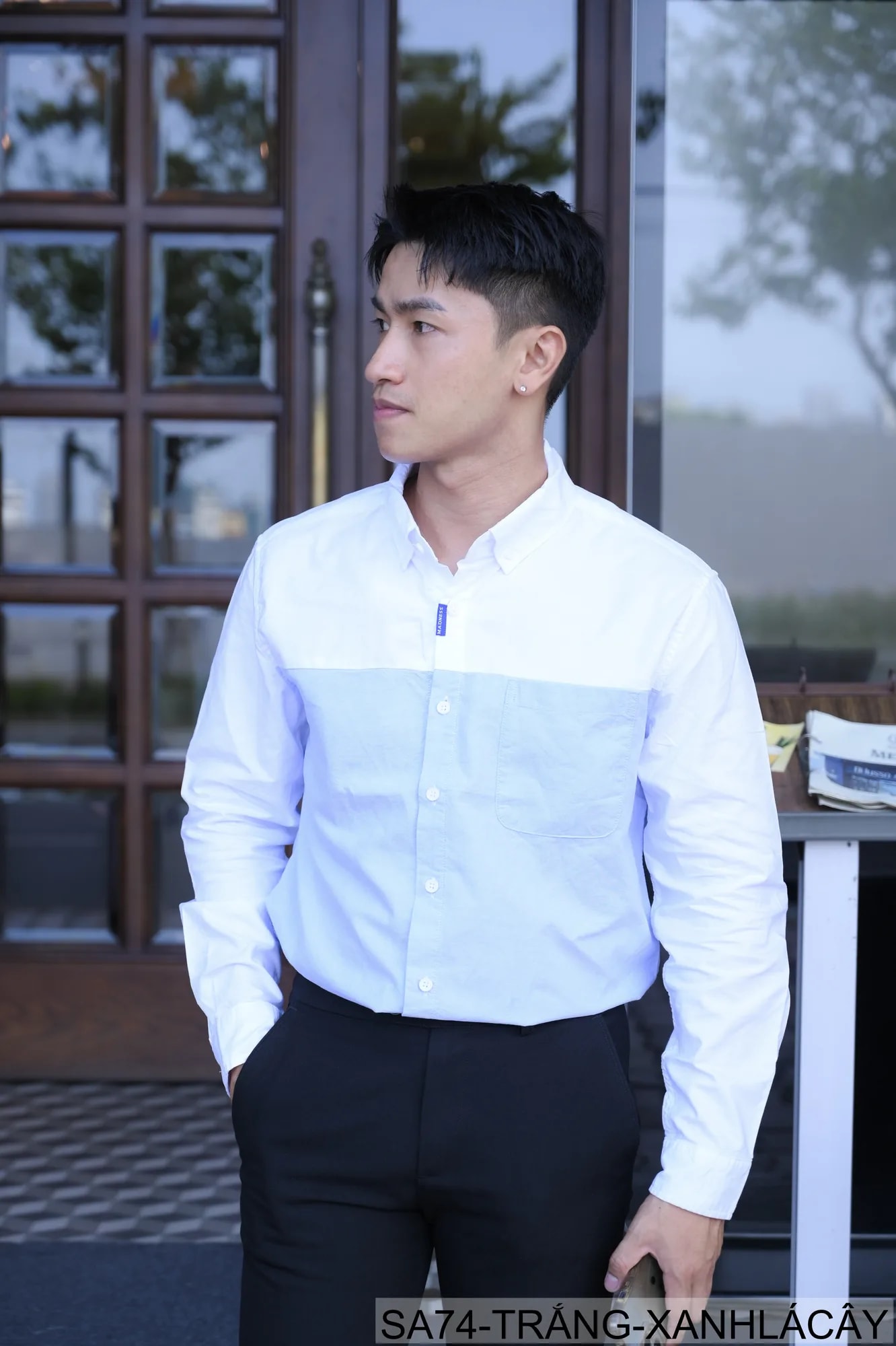 SA74 - Áo sơ mi nam dài tay Oxford kiểu Nhật, form rộng, chất cotton 100%, phối màu trắng xanh lá/xám - ảnh 7