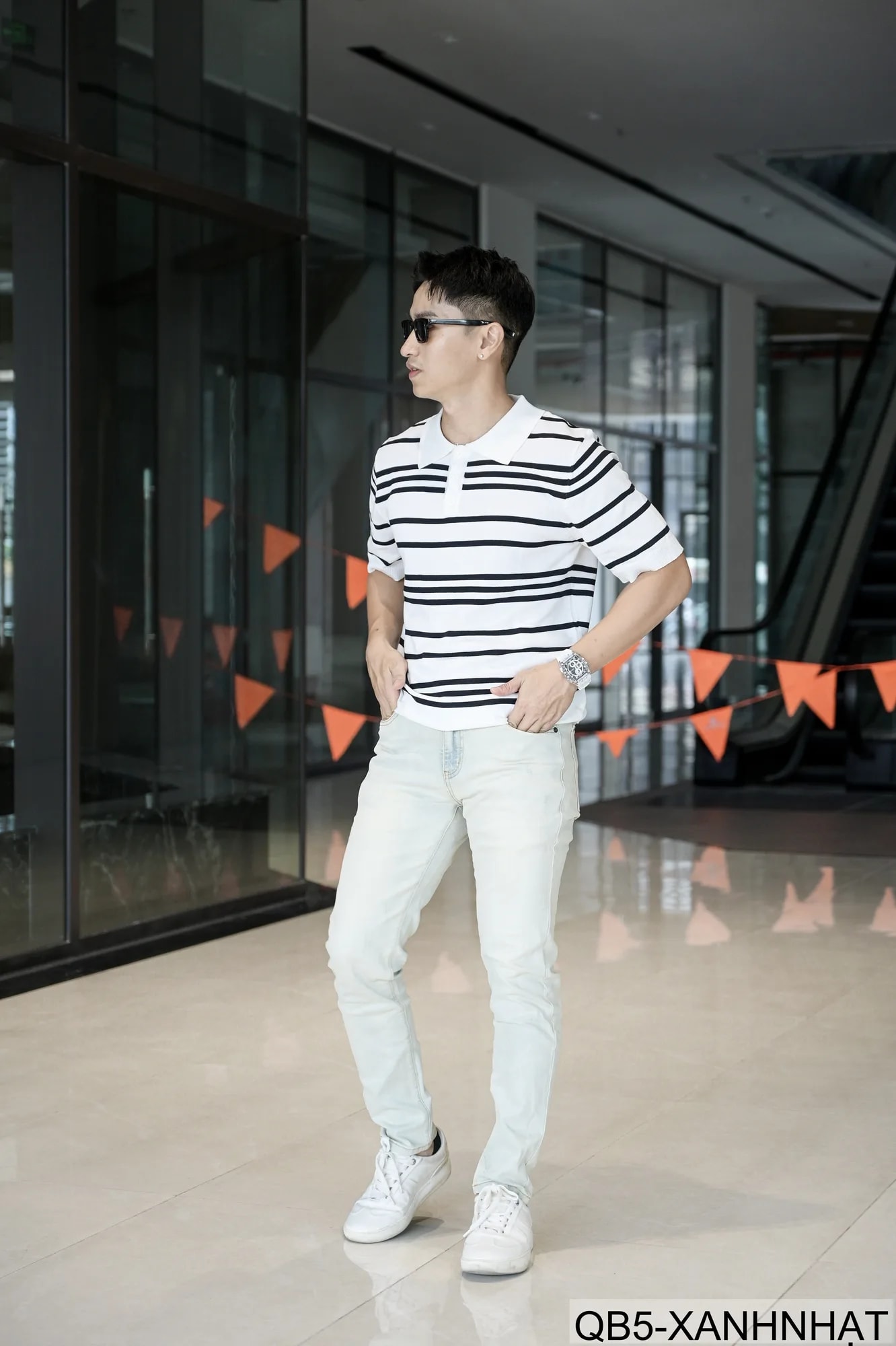 QB5 - Quần Jeans Nam Slim Fit Xanh Nhạt Phong Cách Streetwear, Chất Cotton Đàn Hồi, Mùa Xuân 2026 - ảnh 9