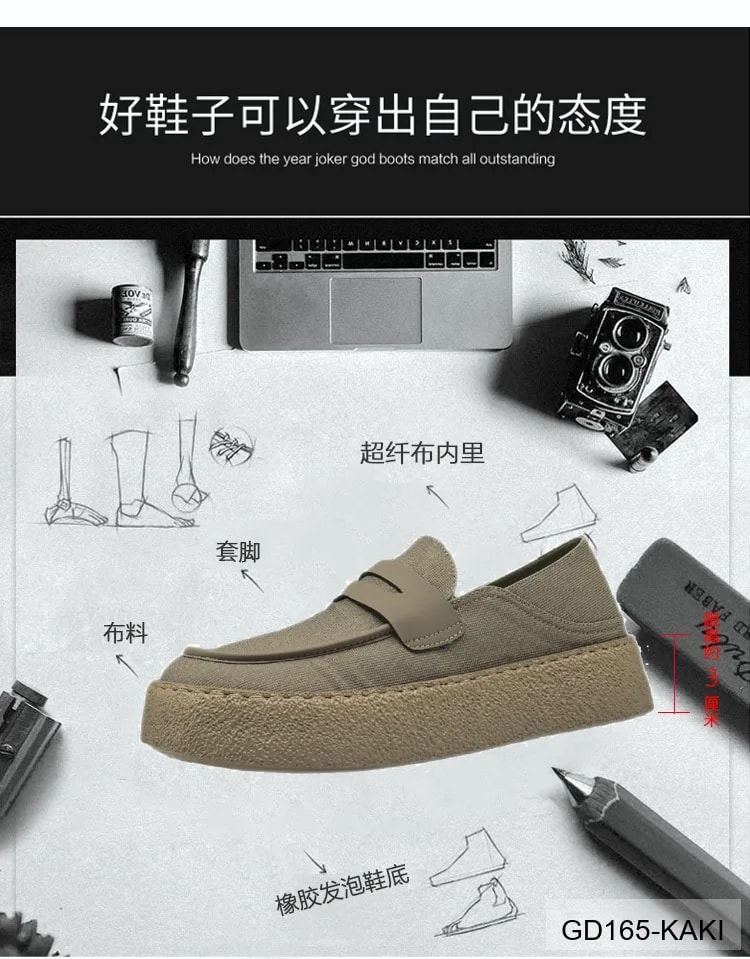 GD165 - Giày Nam Mũi Tròn Đế Bệt Phong Cách Thời Trang Kaki Đen - ảnh 13