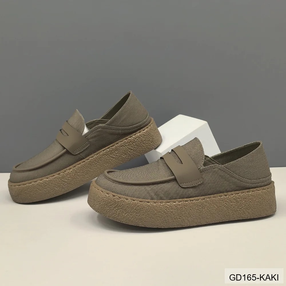 GD165 - Giày Nam Mũi Tròn Đế Bệt Phong Cách Thời Trang Kaki Đen - ảnh 3