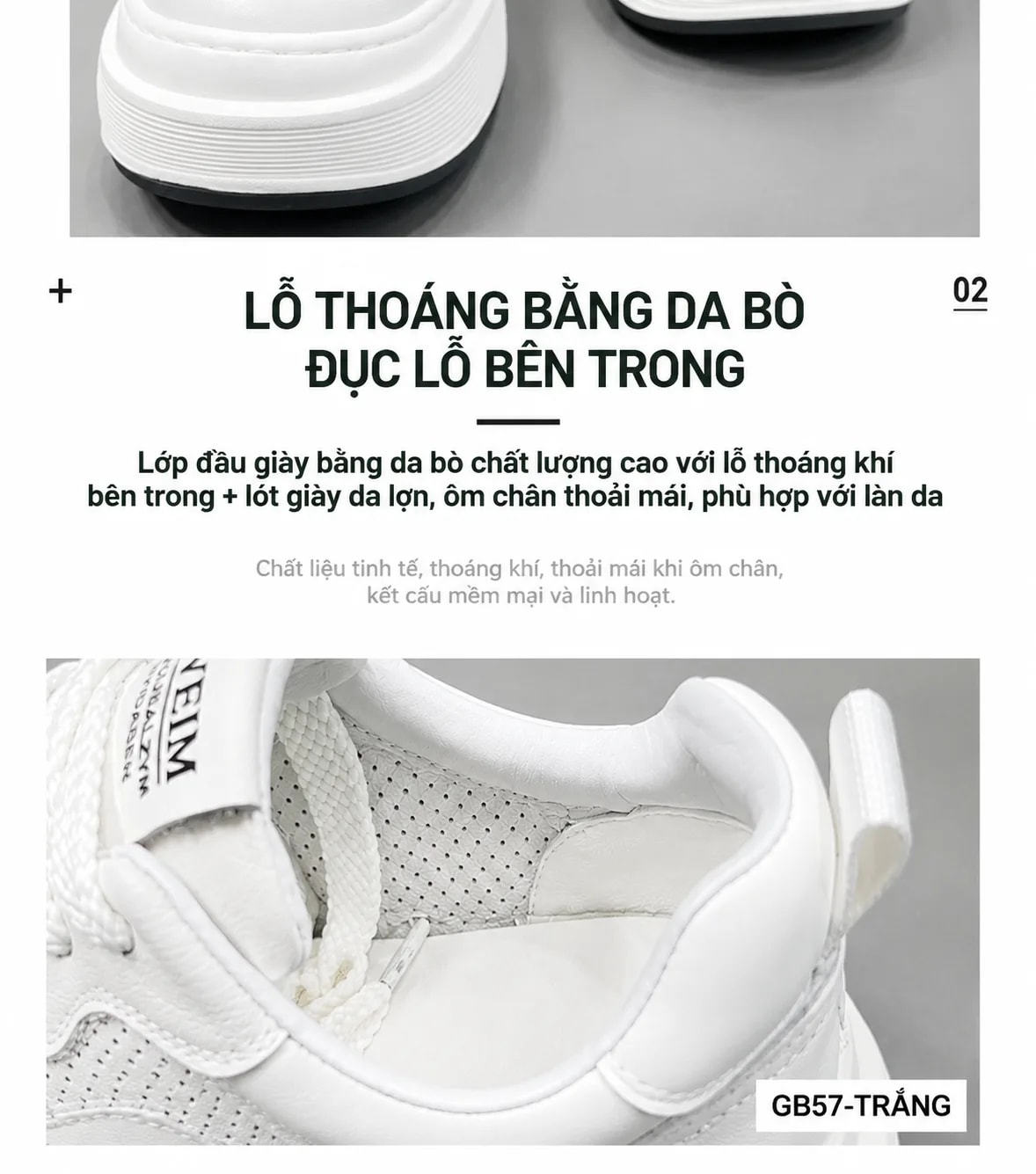 GB57 - Giày thể thao nam đế dày thoáng khí, mũi tròn thời trang, màu trắng đen - ảnh 7