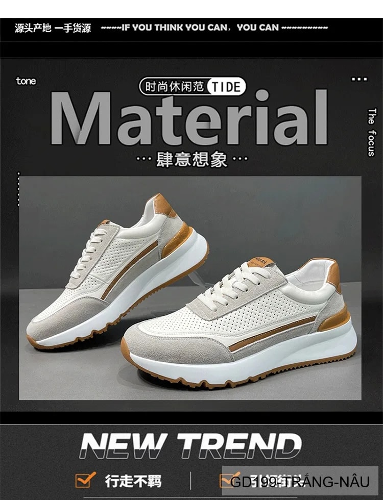 GD199 - Giày thể thao nam casual da thật đục lỗ thoáng khí, phối màu trắng nâu, mẫu mới 2026 - ảnh 13