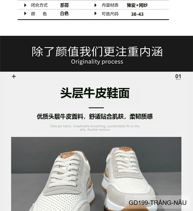 GD199 - Giày thể thao nam casual da thật đục lỗ thoáng khí, phối màu trắng nâu, mẫu mới 2026 - ảnh 14