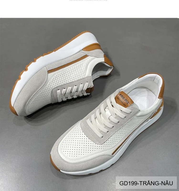 GD199 - Giày thể thao nam casual da thật đục lỗ thoáng khí, phối màu trắng nâu, mẫu mới 2026 - ảnh 11
