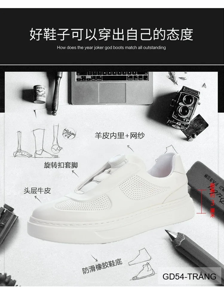 GD54 - Giày thể thao nam da thật thiết kế lười khóa xoay thời thượng trắng đen - ảnh 13