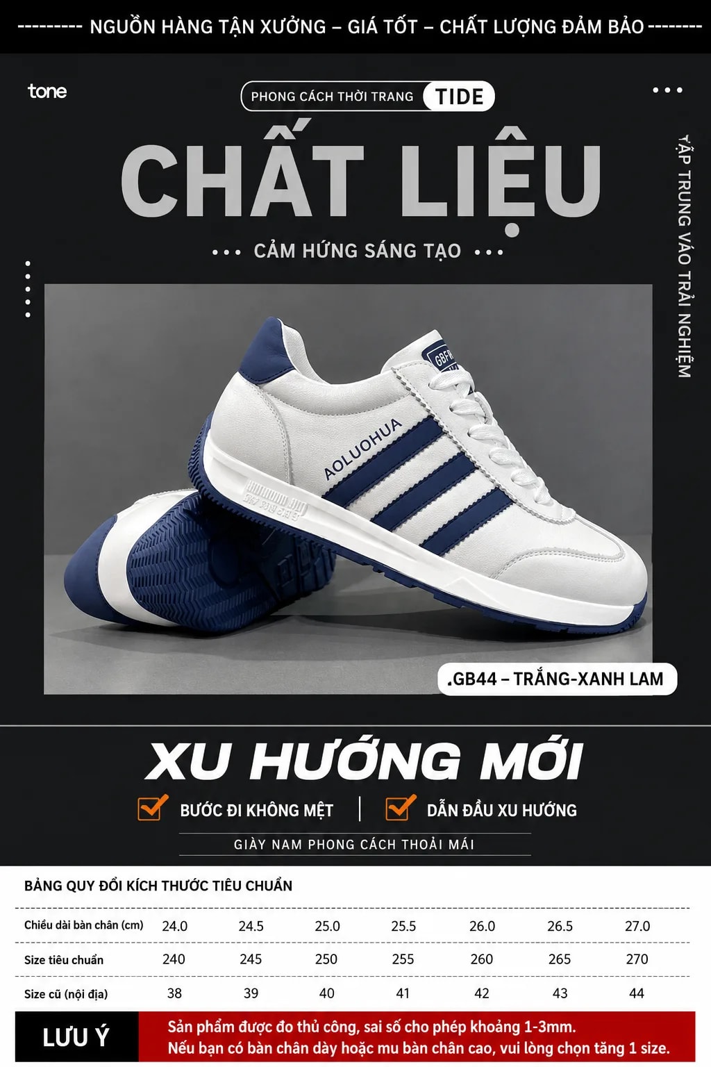 GB44 - Giày Thể Thao Nam Phong Cách Retro Da Bò Trắng Kẻ Sọc Xanh Lam Nâu - ảnh 6