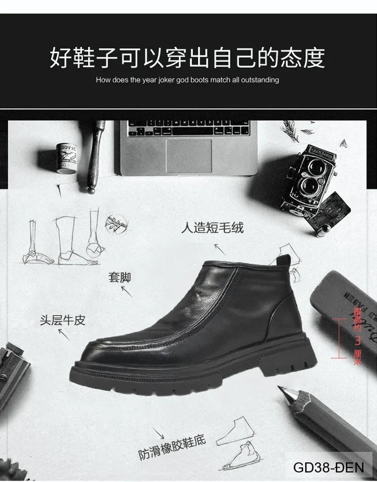 GD38 - Giày Martin nam cổ ngắn đế dày, chất liệu da bò, màu đen thời trang - ảnh 18