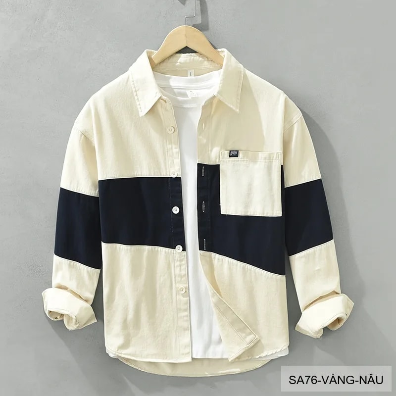 SA76 - Áo sơ mi nam tay dài phối màu tương phản phong cách Nhật Bản chất cotton thoải mái - ảnh 1