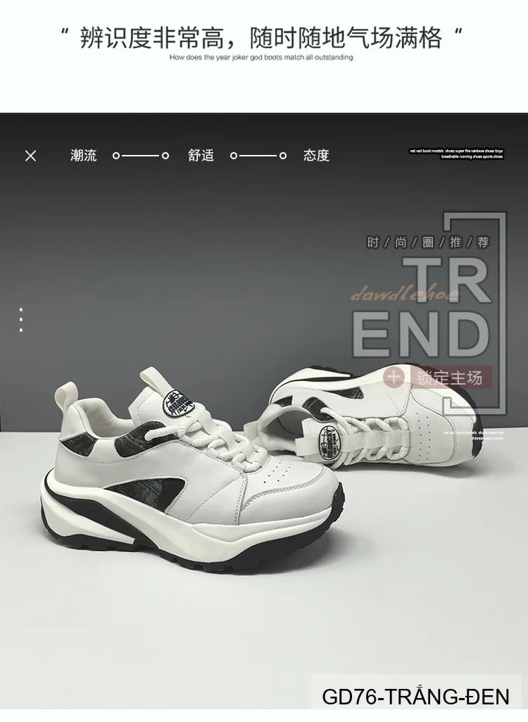 GD76 - Giày thể thao nam da thật kiểu dáng retro, tăng chiều cao, phối màu trắng đen - ảnh 10