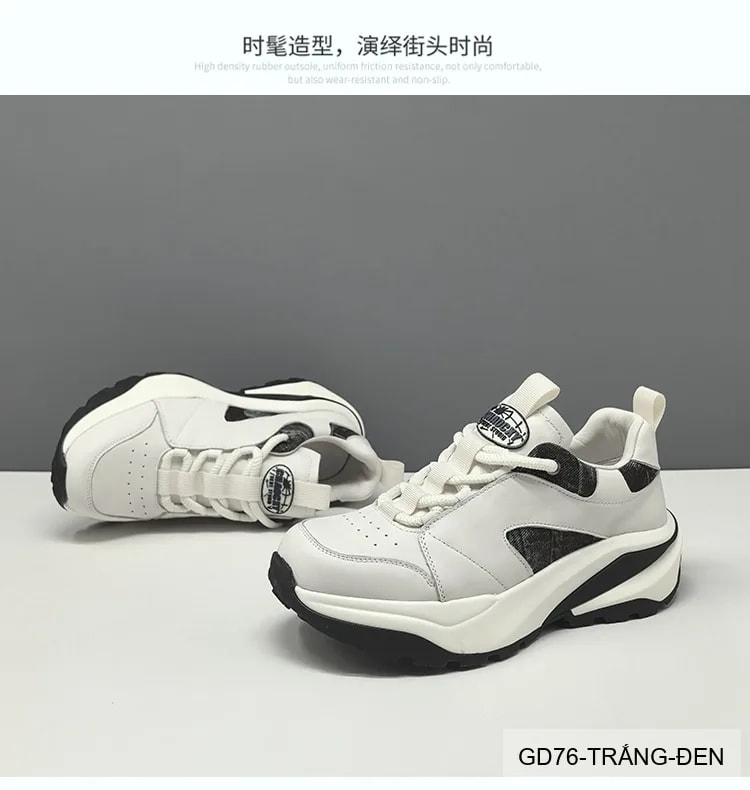 GD76 - Giày thể thao nam da thật kiểu dáng retro, tăng chiều cao, phối màu trắng đen - ảnh 6