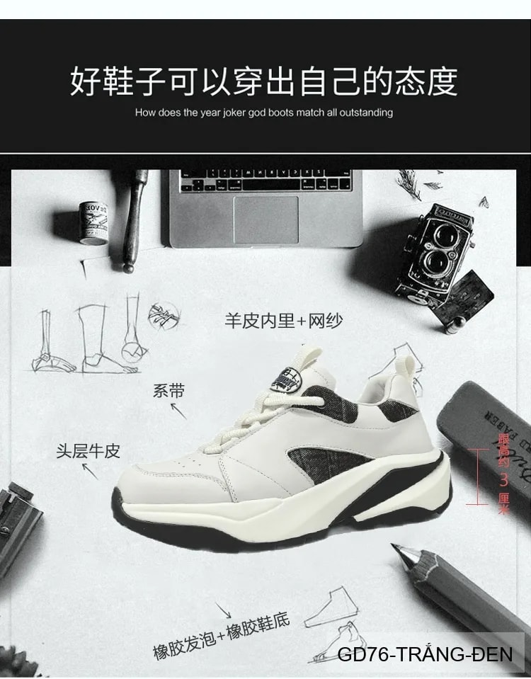 GD76 - Giày thể thao nam da thật kiểu dáng retro, tăng chiều cao, phối màu trắng đen - ảnh 11
