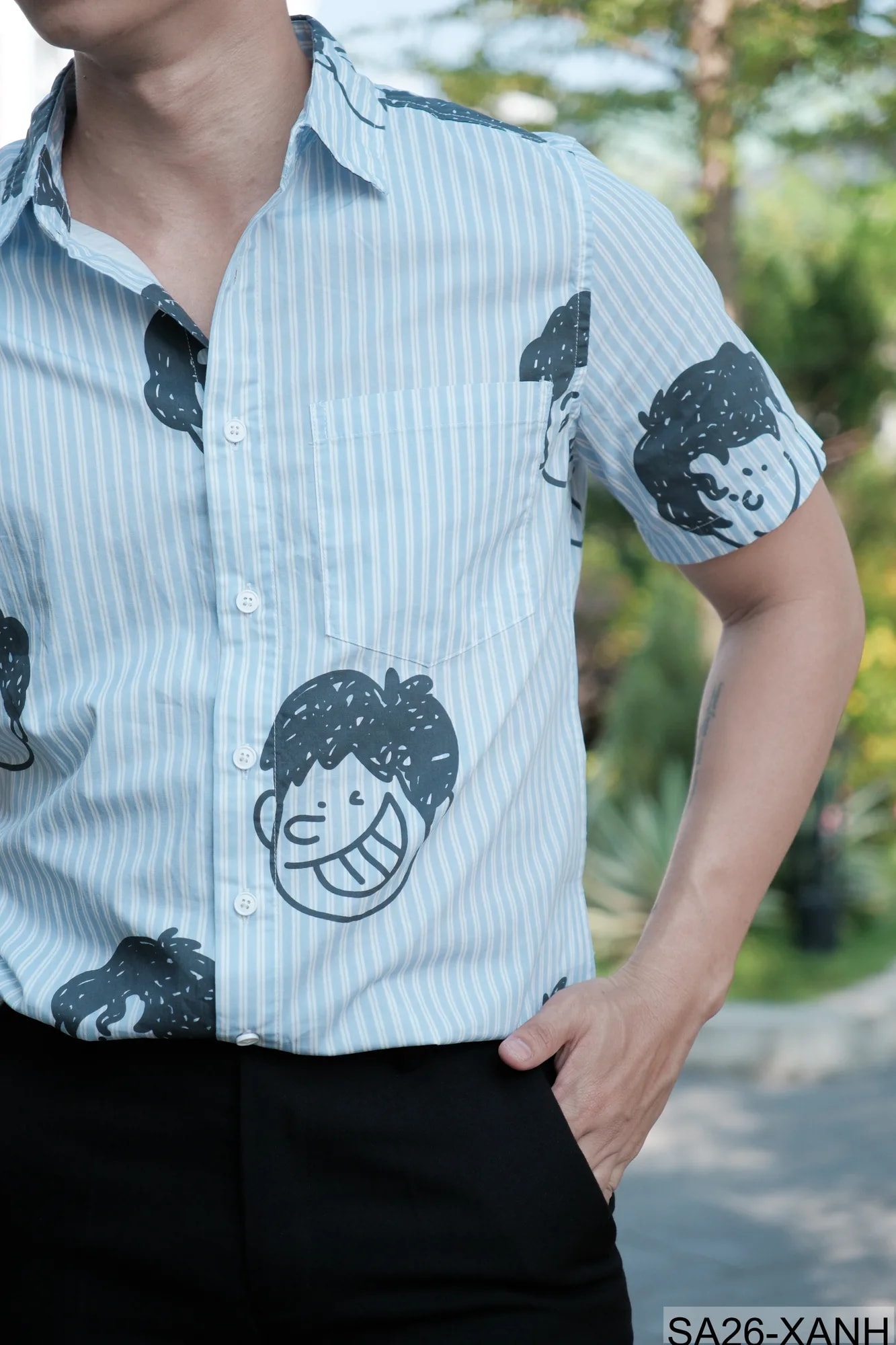 SA26 - Áo sơ mi nam tay ngắn họa tiết mặt cười phong cách Nhật Bản, chất cotton mềm mại, form rộng thoải mái - ảnh 6