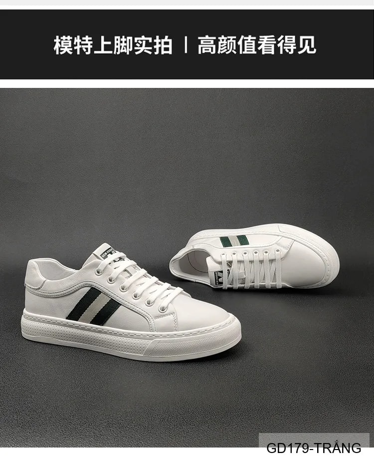 GD179 - Giày Sneaker Nam Da Thật Phong Cách Châu Âu, Mũi Tròn Đế Bằng, Màu Trắng Đen - ảnh 14