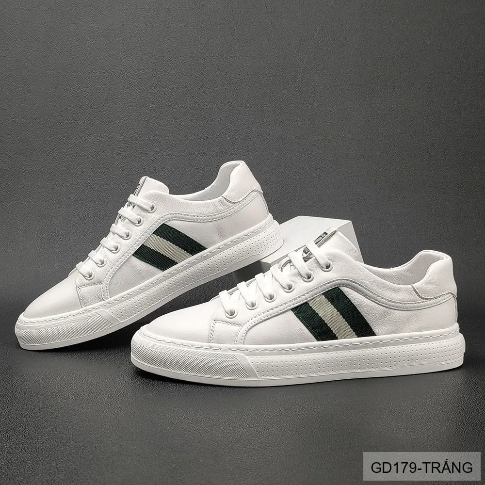 GD179 - Giày Sneaker Nam Da Thật Phong Cách Châu Âu, Mũi Tròn Đế Bằng, Màu Trắng Đen - ảnh 3
