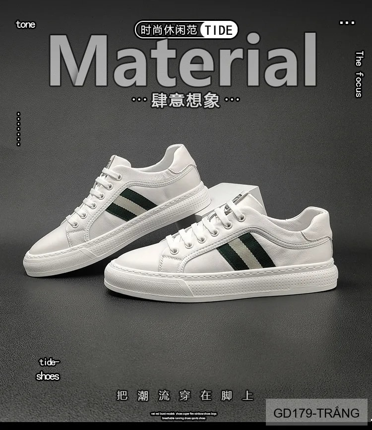 GD179 - Giày Sneaker Nam Da Thật Phong Cách Châu Âu, Mũi Tròn Đế Bằng, Màu Trắng Đen - ảnh 6