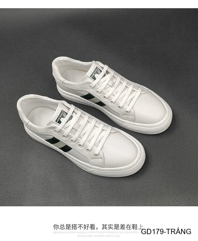 GD179 - Giày Sneaker Nam Da Thật Phong Cách Châu Âu, Mũi Tròn Đế Bằng, Màu Trắng Đen - ảnh 8