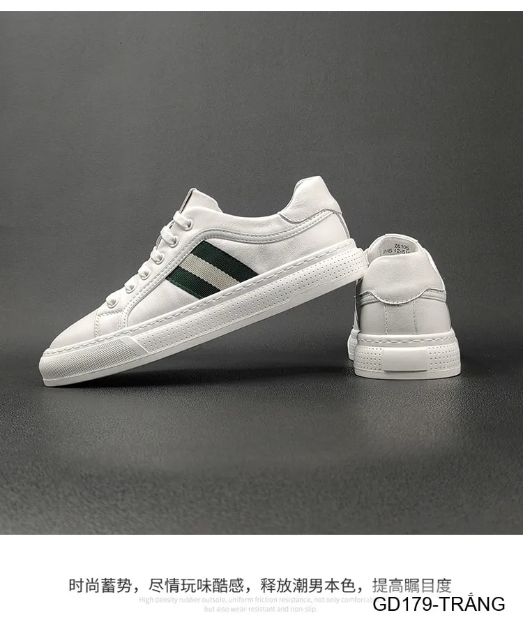 GD179 - Giày Sneaker Nam Da Thật Phong Cách Châu Âu, Mũi Tròn Đế Bằng, Màu Trắng Đen - ảnh 10