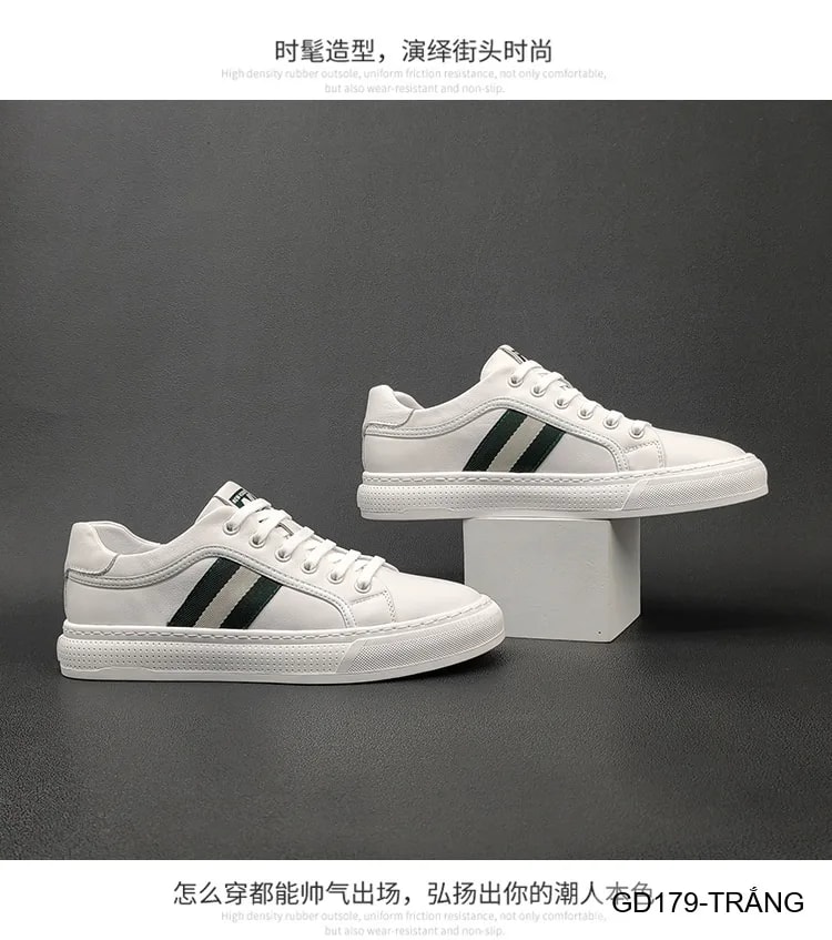 GD179 - Giày Sneaker Nam Da Thật Phong Cách Châu Âu, Mũi Tròn Đế Bằng, Màu Trắng Đen - ảnh 7