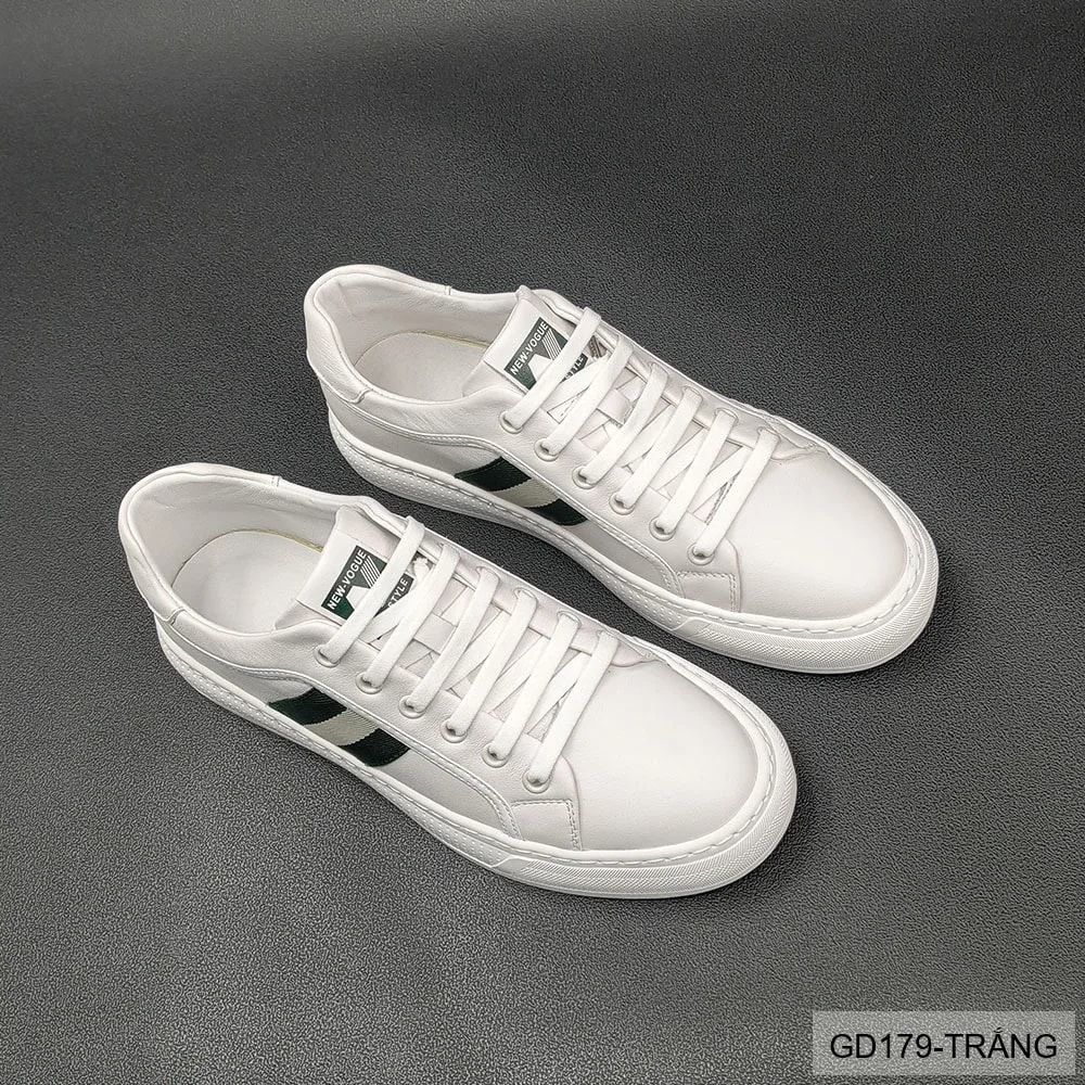GD179 - Giày Sneaker Nam Da Thật Phong Cách Châu Âu, Mũi Tròn Đế Bằng, Màu Trắng Đen - ảnh 4