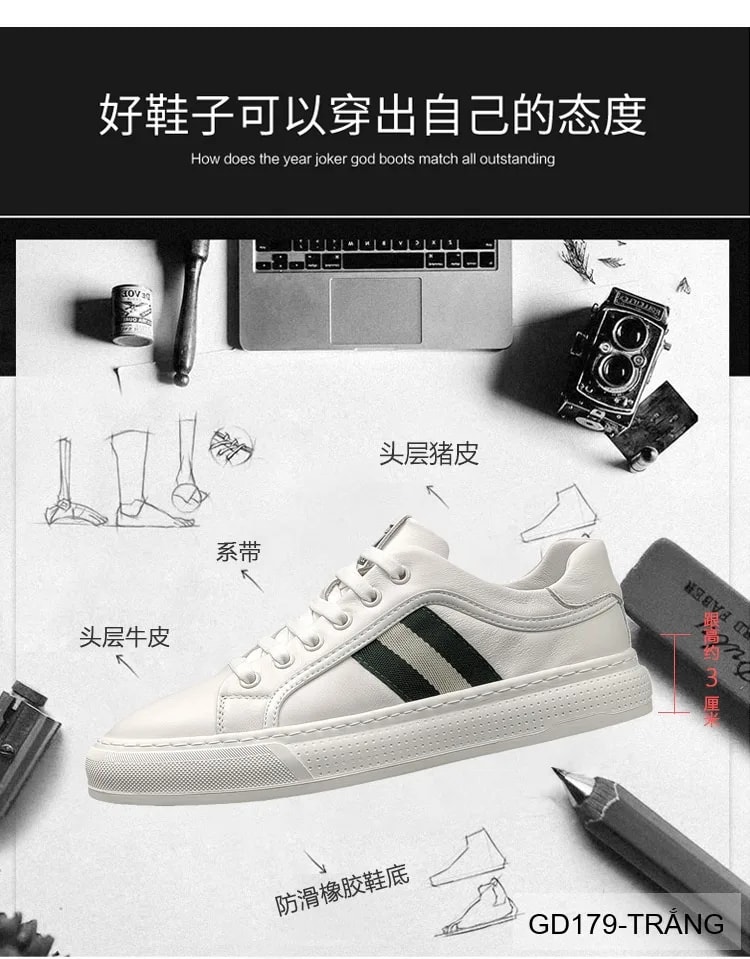 GD179 - Giày Sneaker Nam Da Thật Phong Cách Châu Âu, Mũi Tròn Đế Bằng, Màu Trắng Đen - ảnh 11