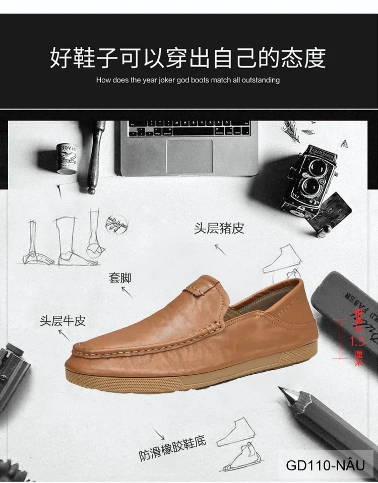 GD110 - Giày Nam Da Bò Thật Phong Cách Thời Trang, Đế Mềm êm, Màu Nâu Đen - ảnh 12