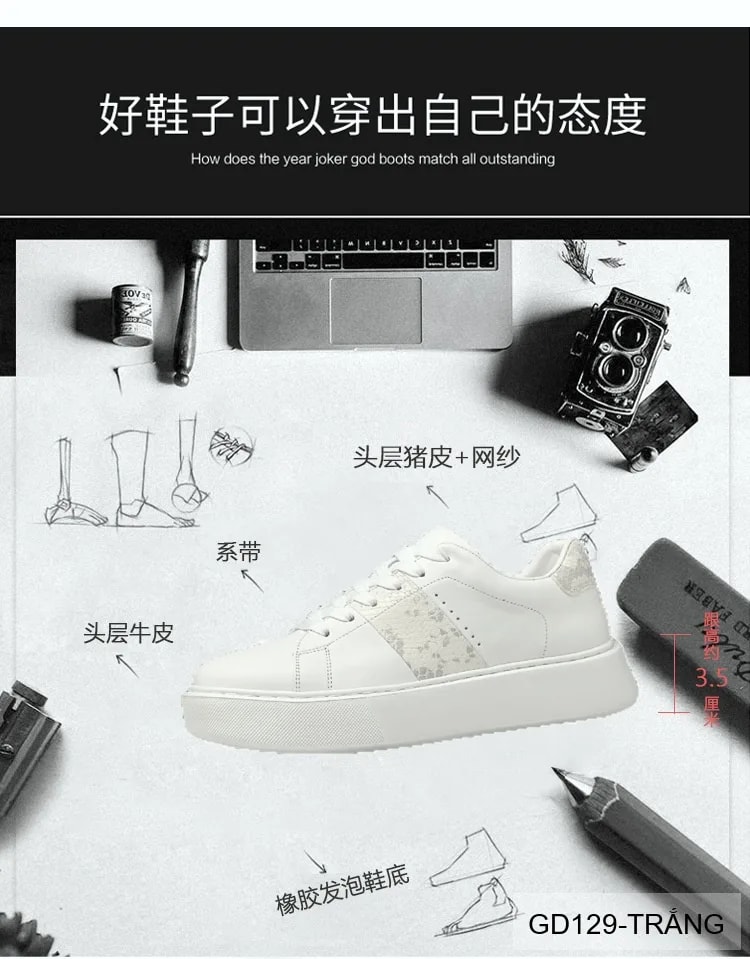 GD129 - Giày thể thao nam trắng da bò cao cấp đế dày tăng chiều cao phong cách châu Âu - ảnh 18
