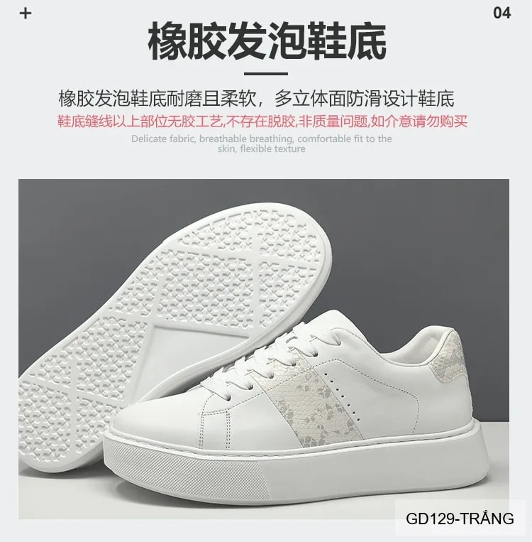 GD129 - Giày thể thao nam trắng da bò cao cấp đế dày tăng chiều cao phong cách châu Âu - ảnh 22