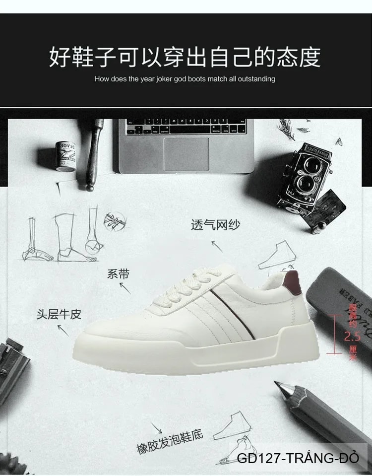 GD127 - Giày thể thao nam da bò trắng kiểu châu Âu, thoáng khí, tăng chiều cao, phối màu đỏ tinh tế - ảnh 18