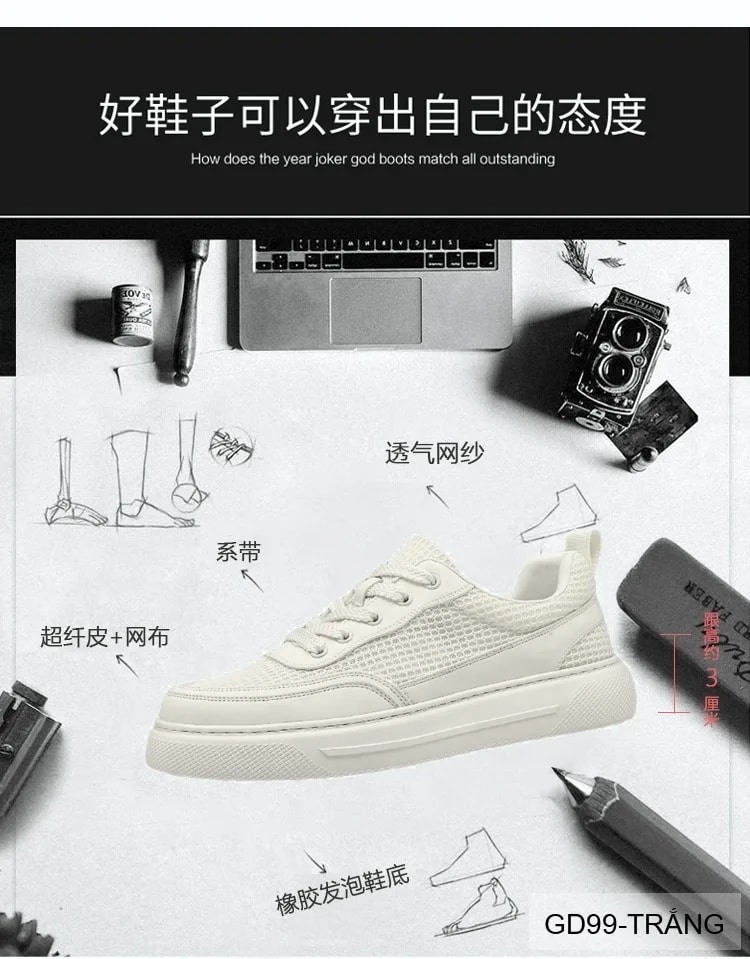 GD99 - Giày thể thao nam đế dày thoáng khí, phối đồ dễ dàng - Trắng/Đen - ảnh 12