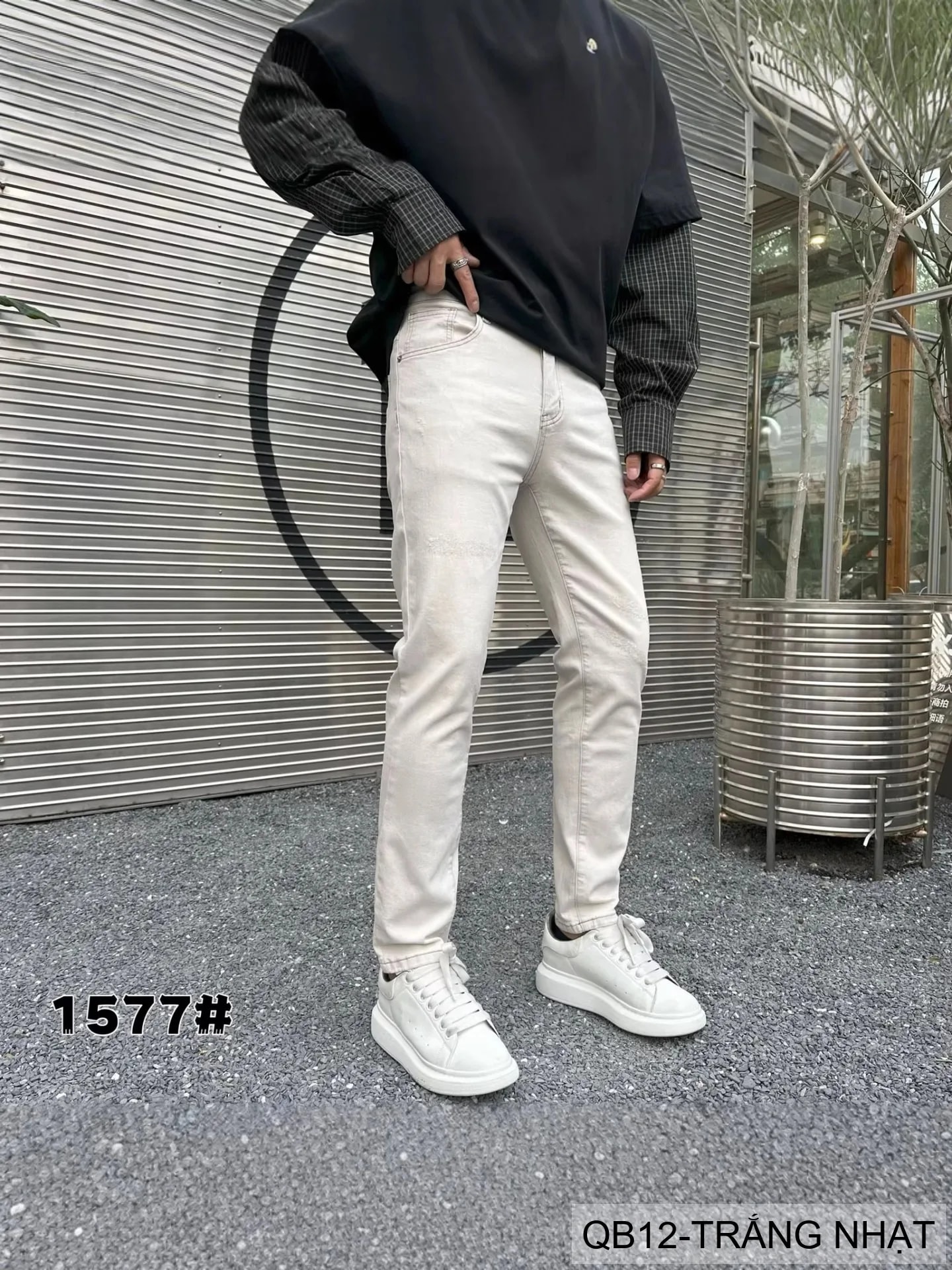 QB12 - Quần Jeans Nam Dáng Ôm Màu Trắng Nhạt Phong Cách Casual Co Giãn Thoải Mái - ảnh 10