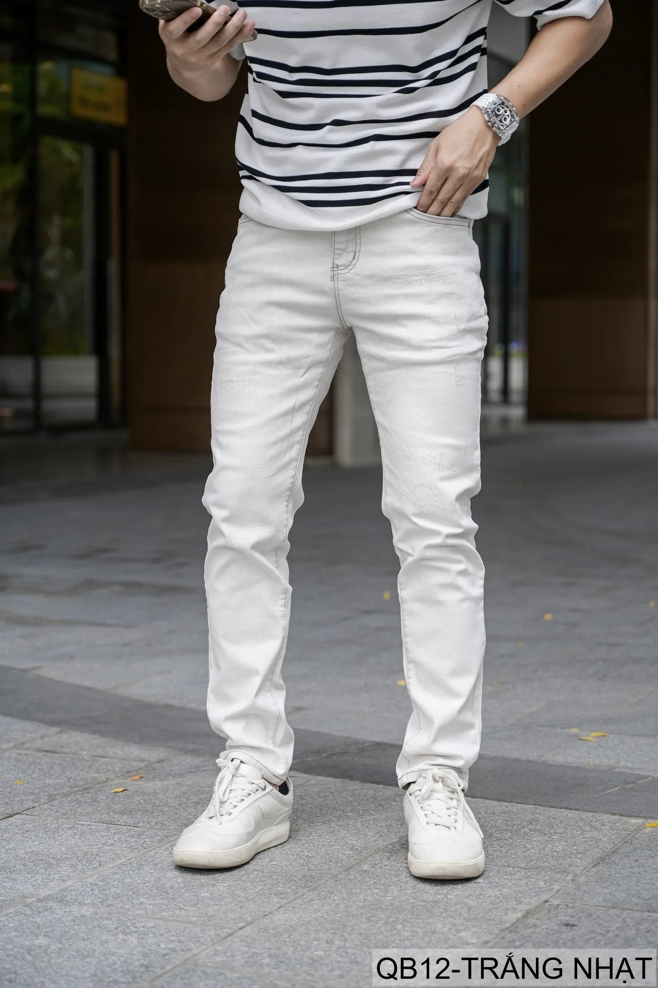 QB12 - Quần Jeans Nam Dáng Ôm Màu Trắng Nhạt Phong Cách Casual Co Giãn Thoải Mái - ảnh 7