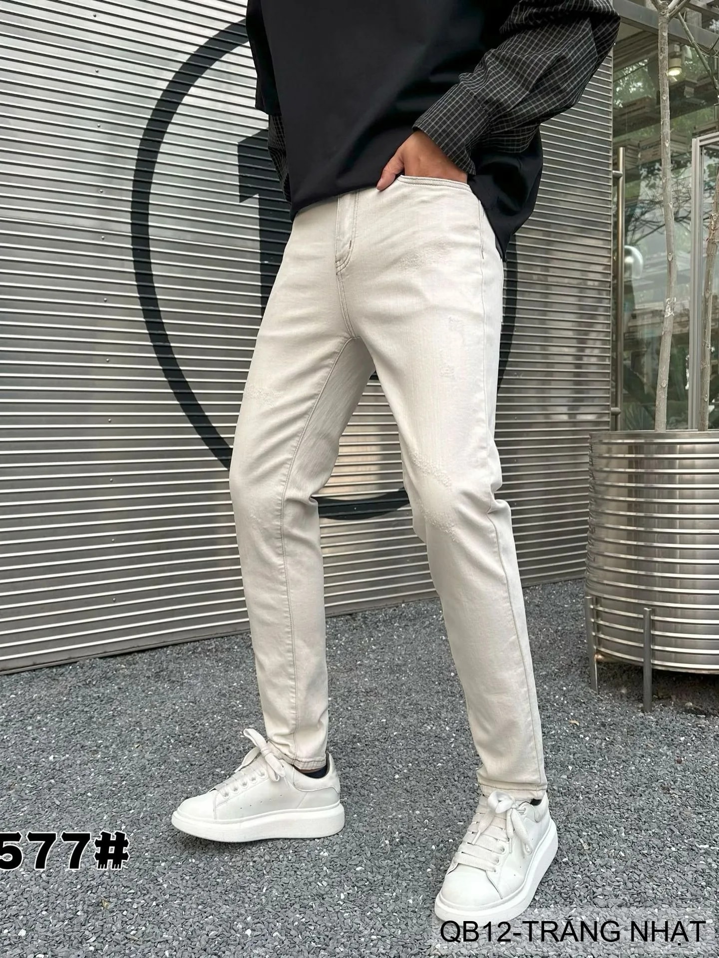 QB12 - Quần Jeans Nam Dáng Ôm Màu Trắng Nhạt Phong Cách Casual Co Giãn Thoải Mái - ảnh 11