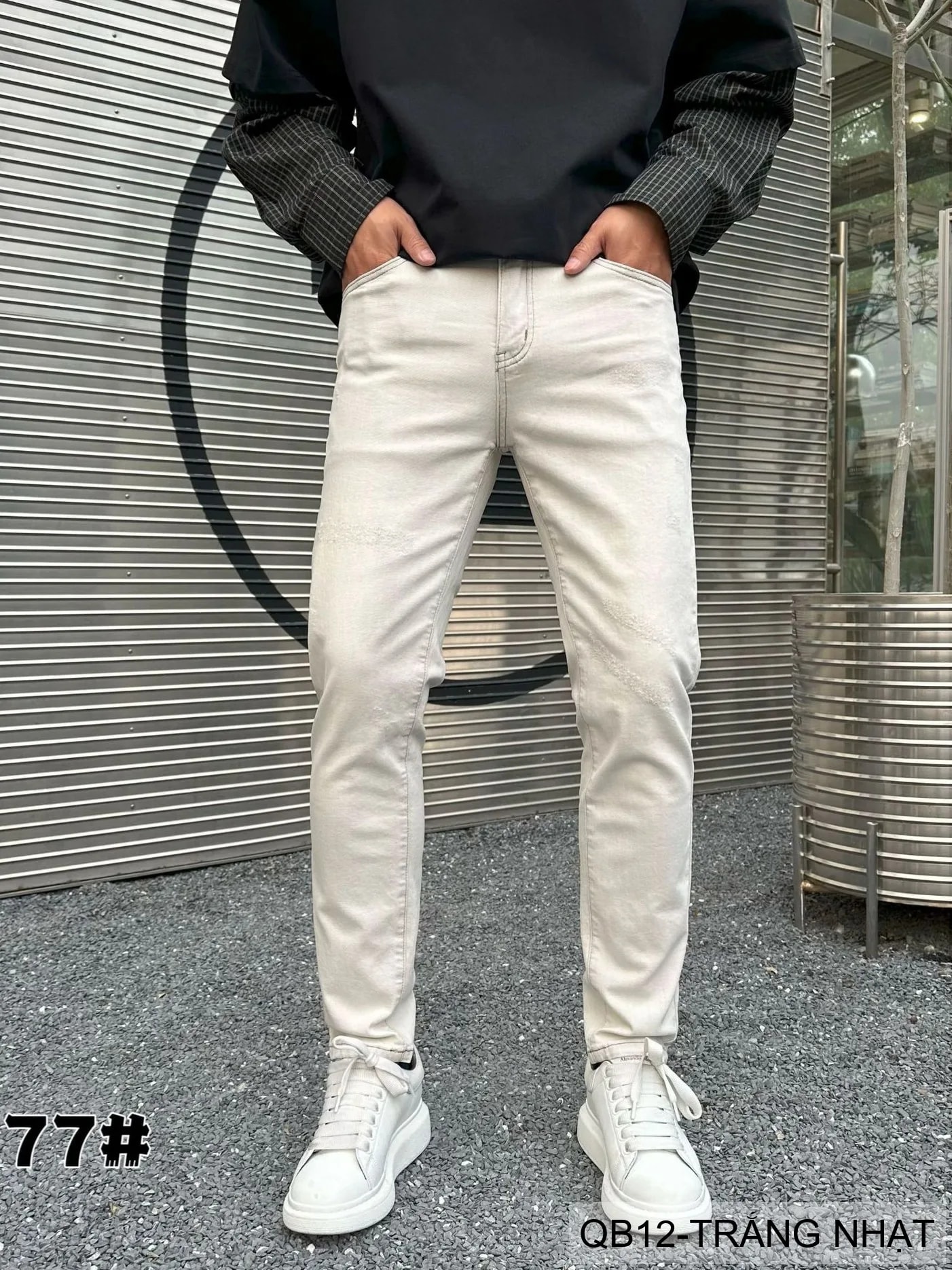 QB12 - Quần Jeans Nam Dáng Ôm Màu Trắng Nhạt Phong Cách Casual Co Giãn Thoải Mái - ảnh 9