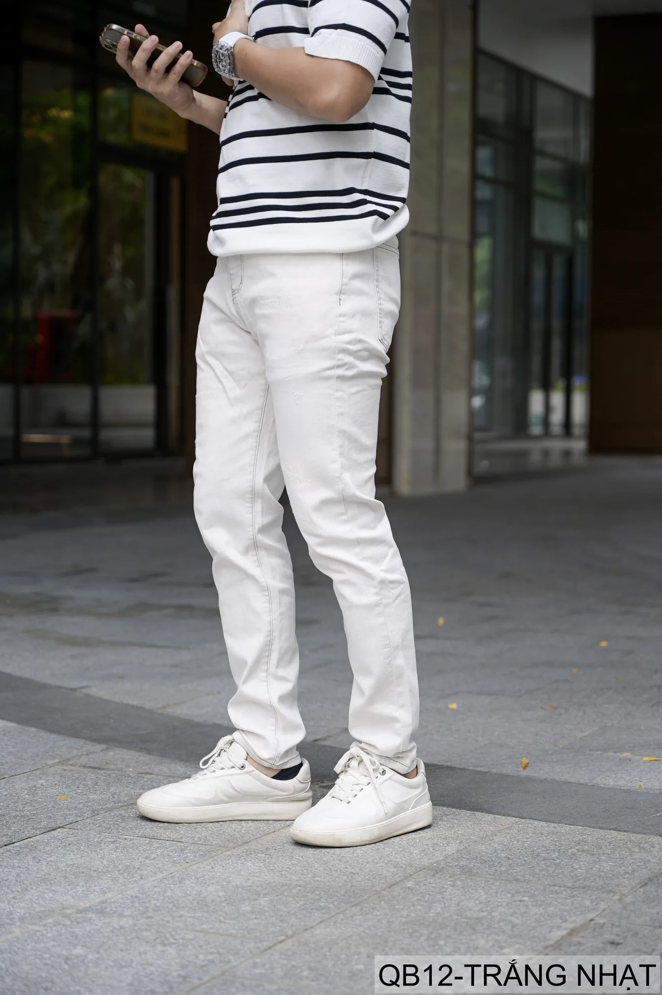 QB12 - Quần Jeans Nam Dáng Ôm Màu Trắng Nhạt Phong Cách Casual Co Giãn Thoải Mái - ảnh 6