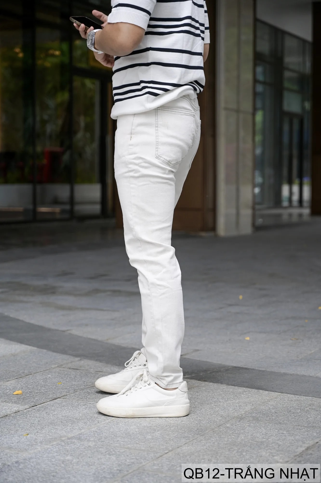QB12 - Quần Jeans Nam Dáng Ôm Màu Trắng Nhạt Phong Cách Casual Co Giãn Thoải Mái - ảnh 5