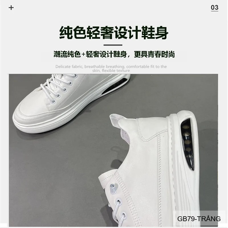 GB79 - Giày thể thao nam da bò phong cách sang trọng, đế cao êm ái, màu trắng đen - ảnh 5