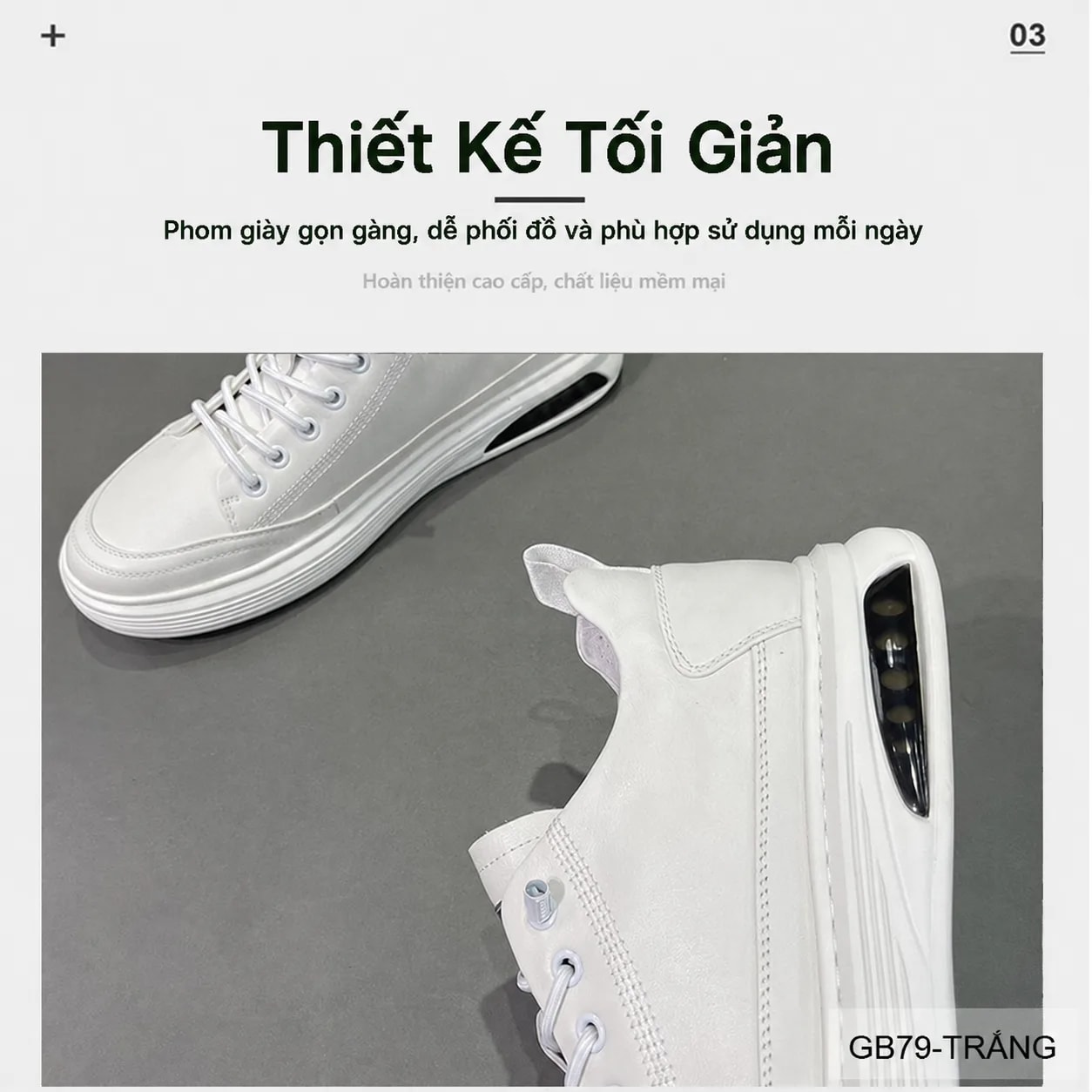 GB79 - Giày thể thao nam da bò phong cách sang trọng, đế cao êm ái, màu trắng đen - ảnh 10