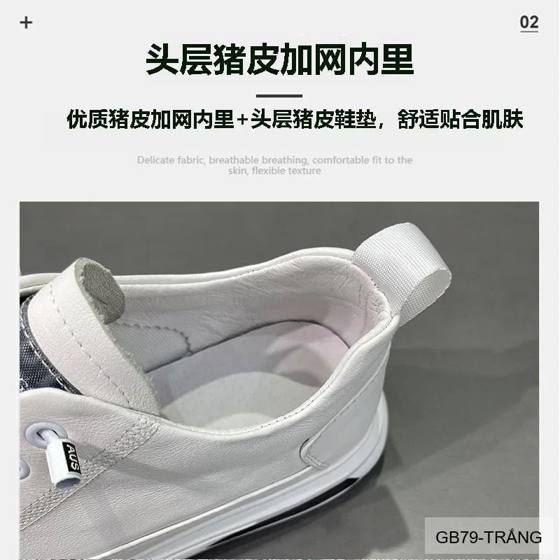 GB79 - Giày thể thao nam da bò phong cách sang trọng, đế cao êm ái, màu trắng đen - ảnh 7