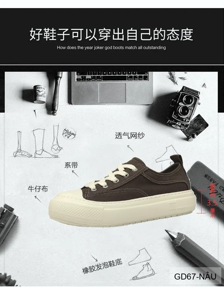 GD67 - Giày vải nam đế dày tăng chiều cao, thoáng khí, phong cách retro thời trang - ảnh 13