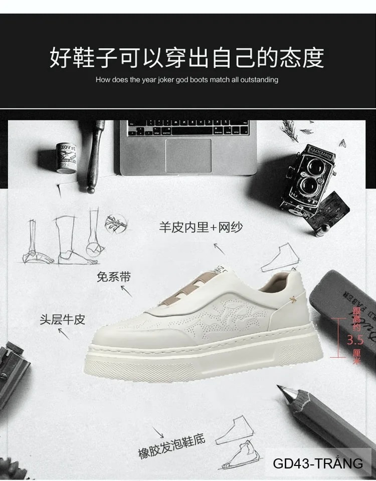 GD43 - Giày thể thao nam da bò trắng kiểu dad shoes, đế dày êm ái, thời trang năng động - ảnh 19