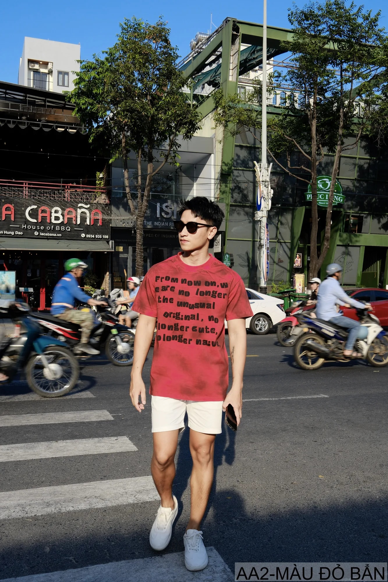 AA2 - Áo thun nam cổ tròn tay ngắn phong cách retro streetwear, chất cotton mềm, dáng rộng, màu Xanh Bẩn & Đỏ Bẩn - ảnh 4