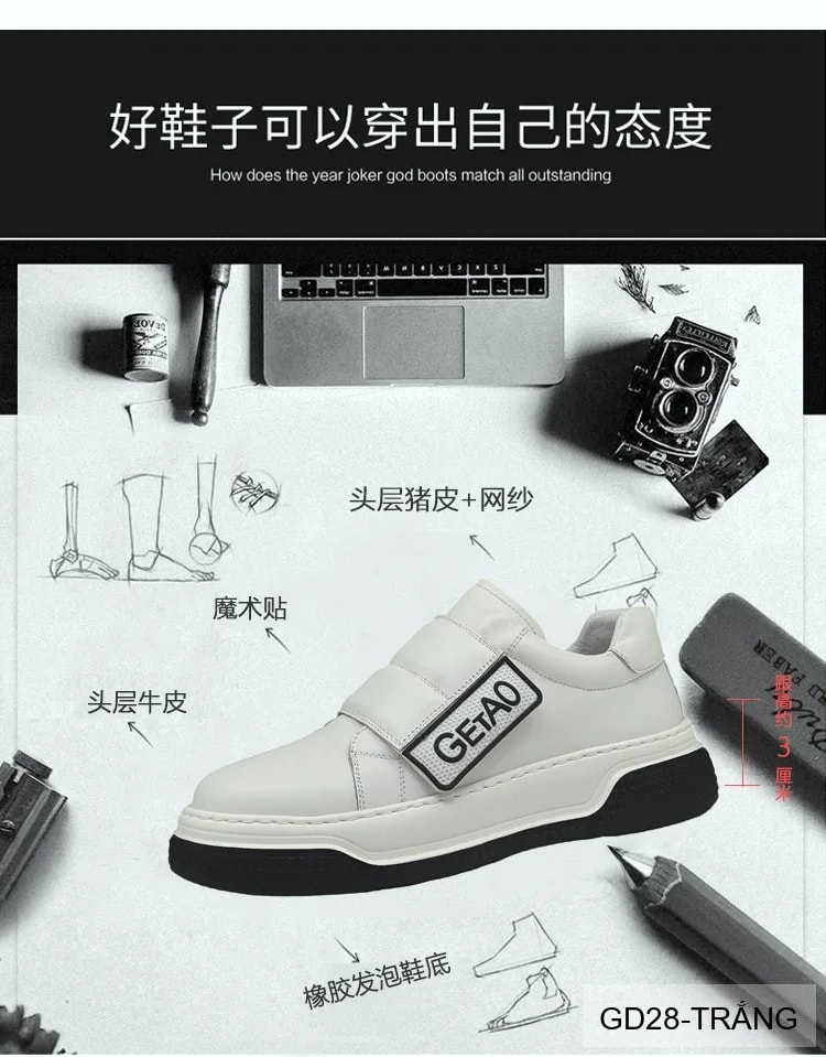GD28 - Giày nam da bò đế dày kiểu dad shoes, phối màu trắng đen thời thượng - ảnh 12