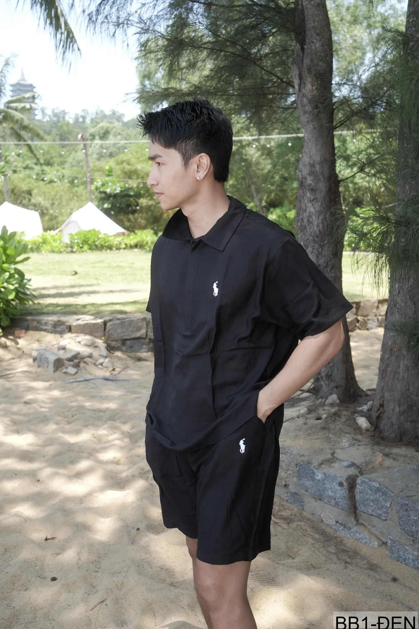 BB1 - Bộ đồ nam 2 món phong cách cực, áo sơ mi ngắn tay + quần short, chất liệu cotton thoáng mát, 3 màu Mi Trắng - Xanh Đậm - Đen - ảnh 5