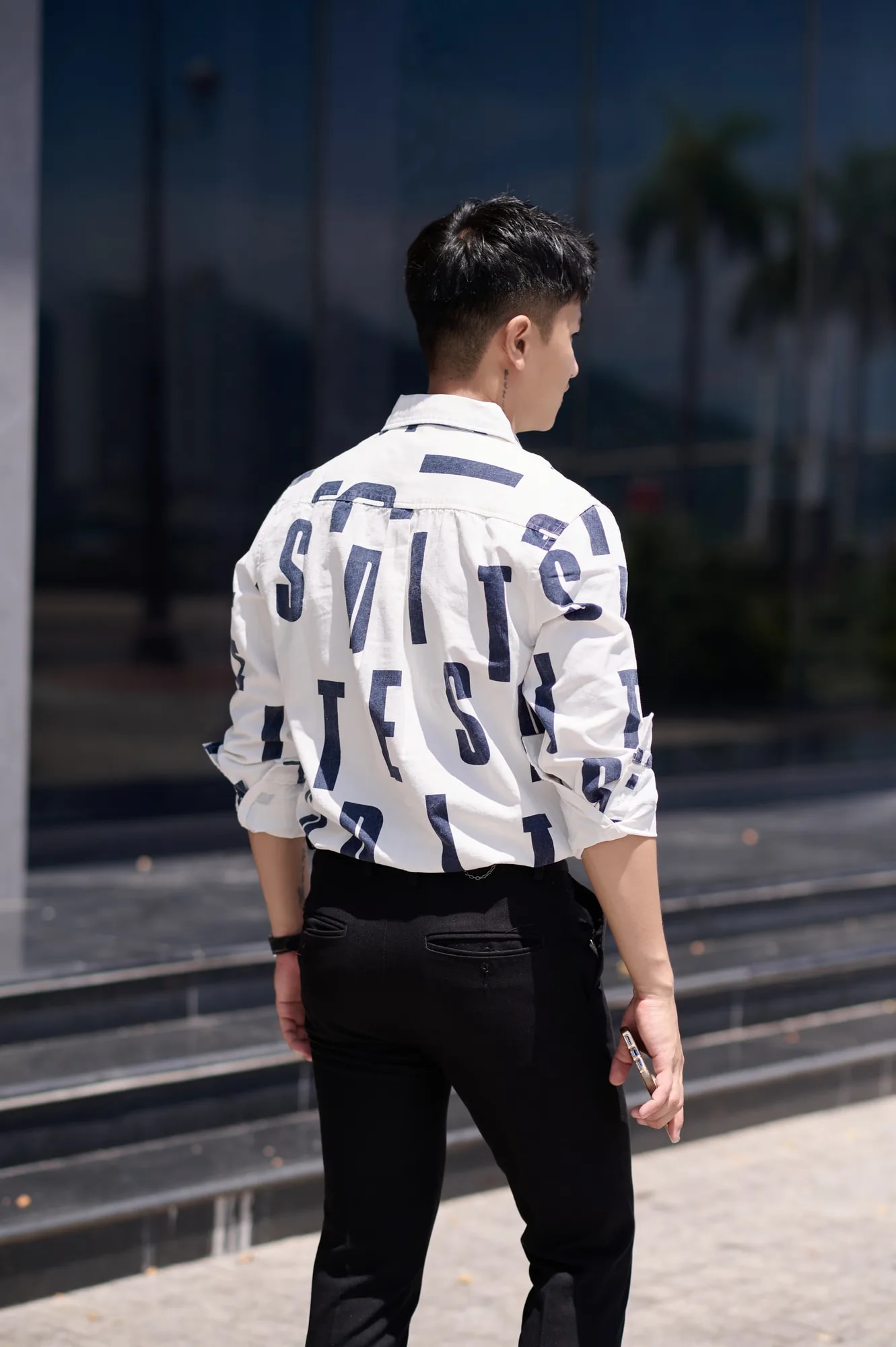 SA97 - Áo sơ mi nam dài tay họa tiết chữ, chất cotton 100%, phong cách Nhật Bản đơn giản, màu trắng - ảnh 6
