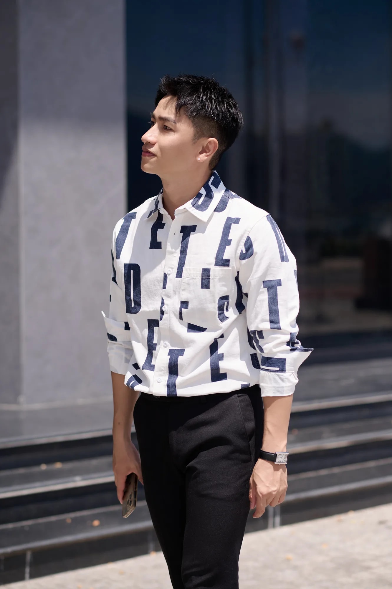 SA97 - Áo sơ mi nam dài tay họa tiết chữ, chất cotton 100%, phong cách Nhật Bản đơn giản, màu trắng - ảnh 7