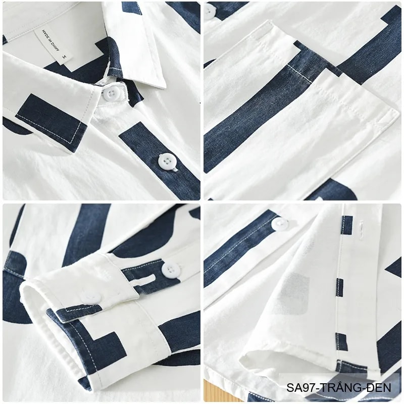 SA97 - Áo sơ mi nam dài tay họa tiết chữ, chất cotton 100%, phong cách Nhật Bản đơn giản, màu trắng - ảnh 8
