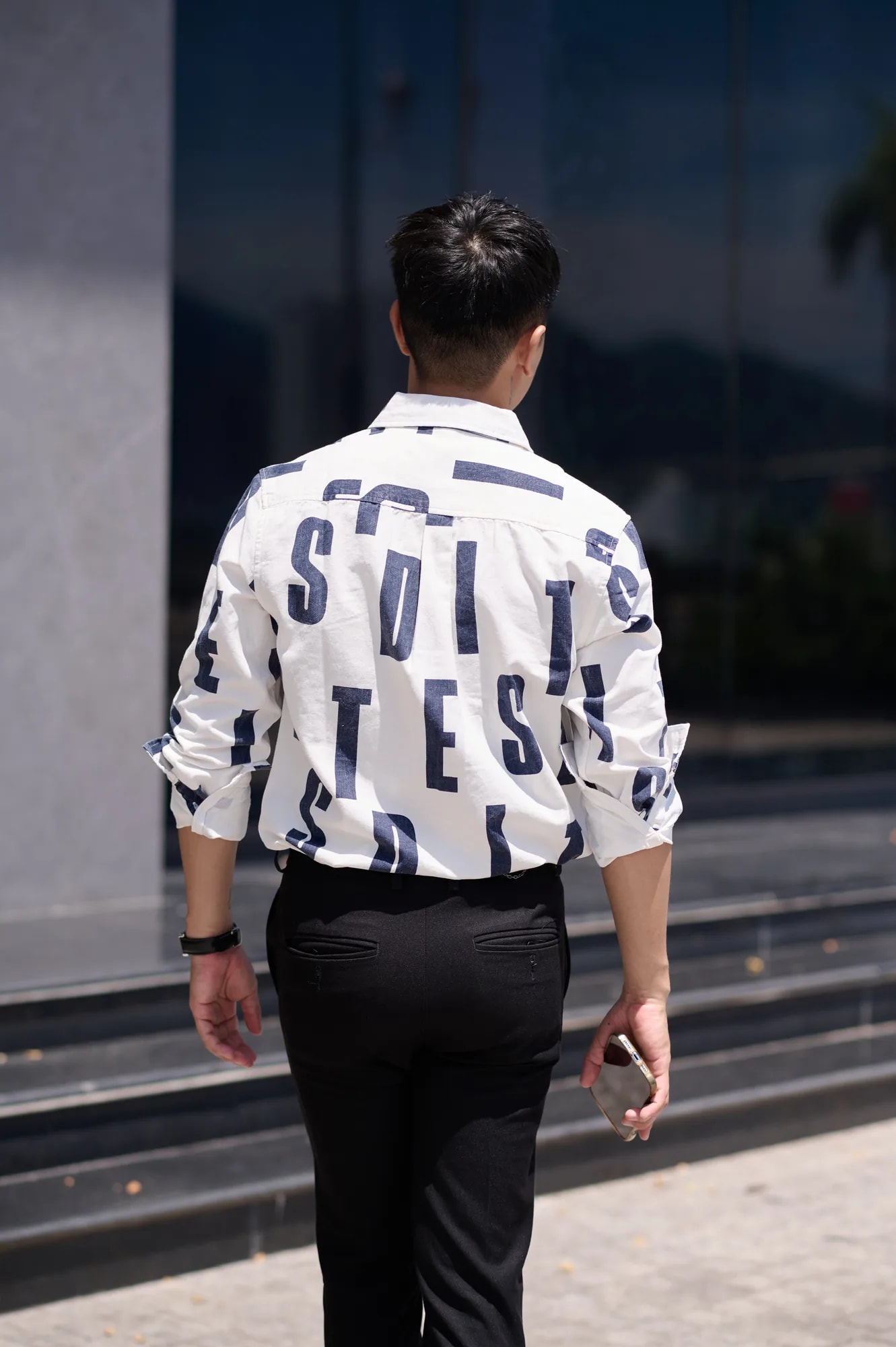 SA97 - Áo sơ mi nam dài tay họa tiết chữ, chất cotton 100%, phong cách Nhật Bản đơn giản, màu trắng - ảnh 5
