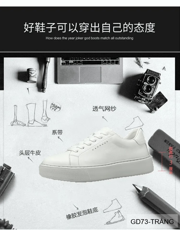 GD73 - Giày thể thao nam trắng da bò cao cấp, kiểu dáng châu Âu, thoáng khí, tăng chiều cao nhẹ - ảnh 19