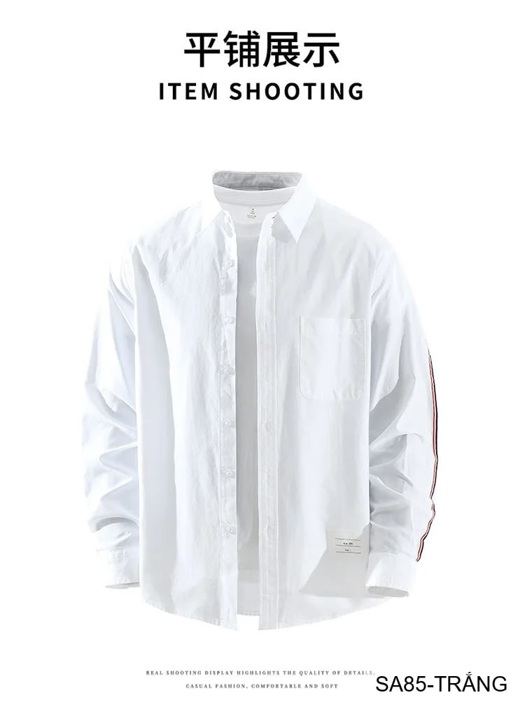 SA85 - Áo sơ mi nam dài tay phong cách Nhật Bản, dáng rộng thoải mái, chất cotton mềm mại, có túi ngực và chi tiết sọc tay - ảnh 11